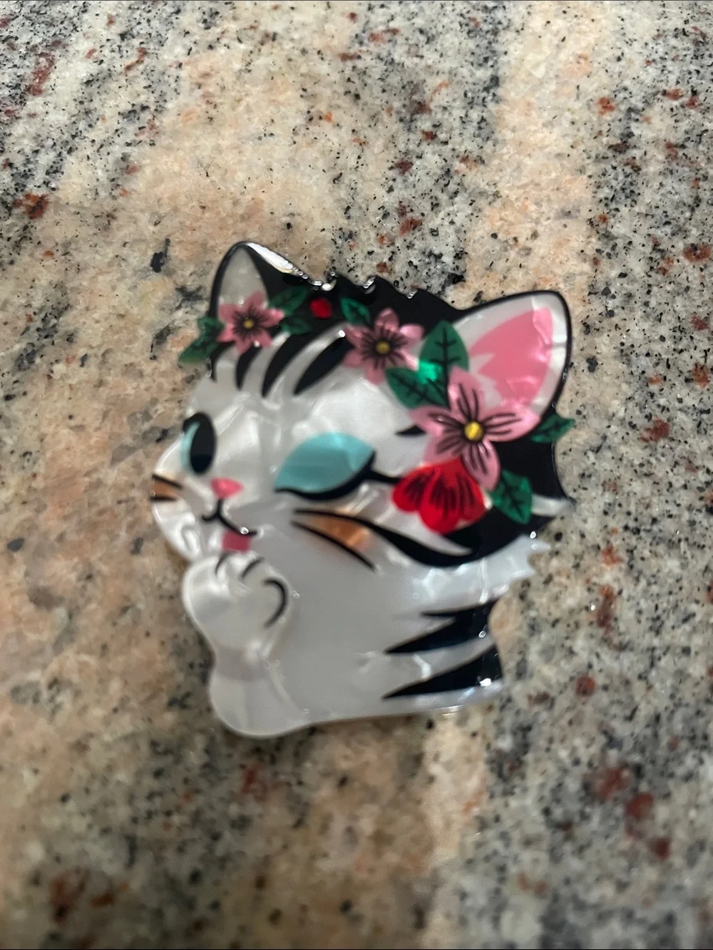 Floral Crown Cat Enamel Brooch/Pin - White & Pink